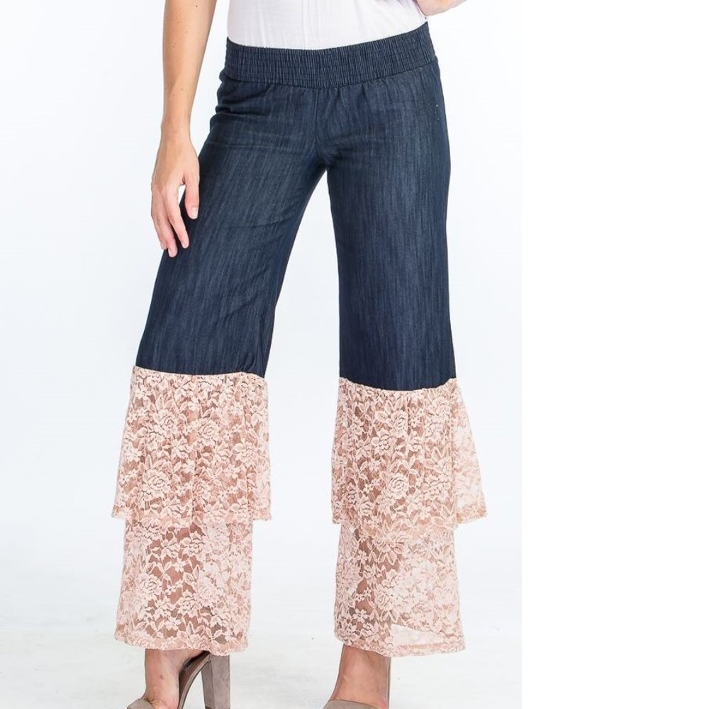 Womens Elegant Denim and Lace Bell Bottom Jean's Elastic waistband SizeS,M,L,XL